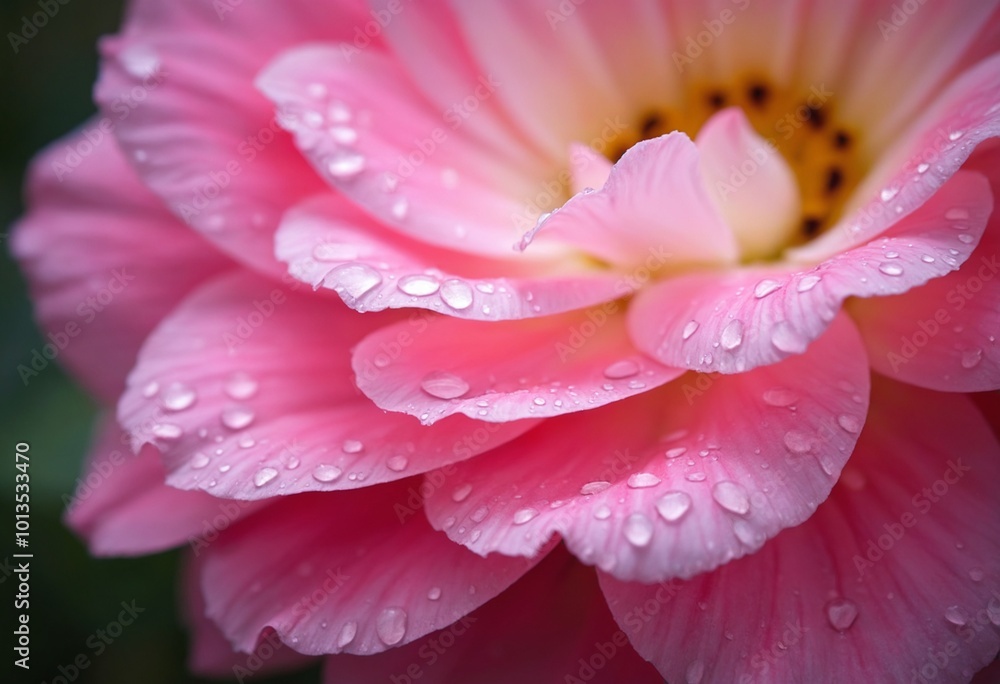 A tight shot of a pink flower, adorned with dewdrops on its petals The petals exhibit a captivating blend of pink and white A tight shot of a pink flower, adorned with dewdrops on its petals The petals exhibit a captivating blend of pink and white