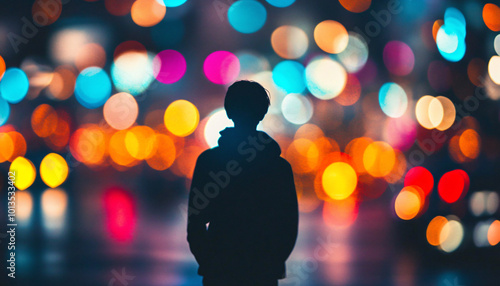 People silhouetted against vibrant city lights at night