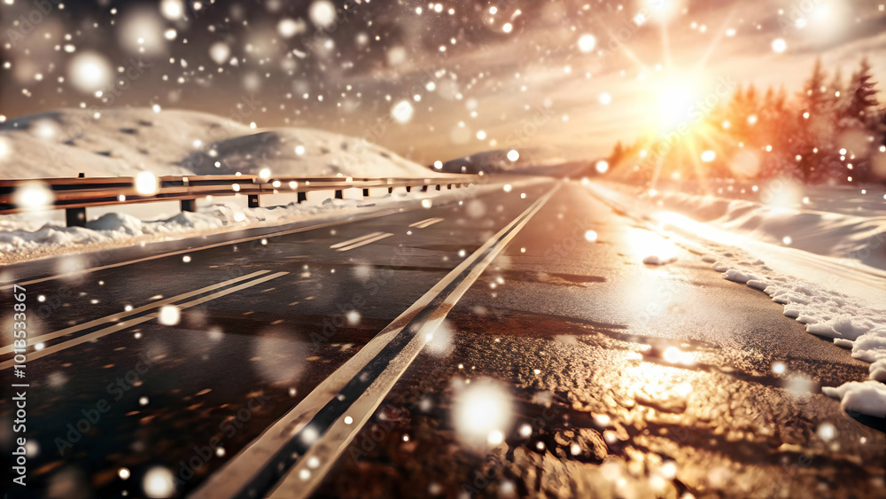 3D Glossy Ice Covered Road with Falling Snowflakes - Winter Landscape with Copy Space for Banners, Wide Angle Focused View 3D Glossy Ice Covered Road with Falling Snowflakes - Winter Landscape with Copy Space for Banners, Wide Angle Focused View