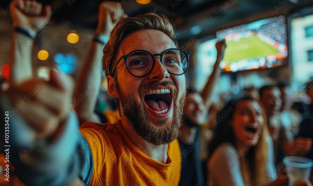 Group of Friends Watching a Live Soccer Match on TV in a Sports Bar. Excited Fans Cheering and Shouting. Young People Celebrating When Team Scores a Goal and Wins the Football World Group of Friends Watching a Live Soccer Match on TV in a Sports Bar. Excited Fans Cheering and Shouting. Young People Celebrating When Team Scores a Goal and Wins the Football World