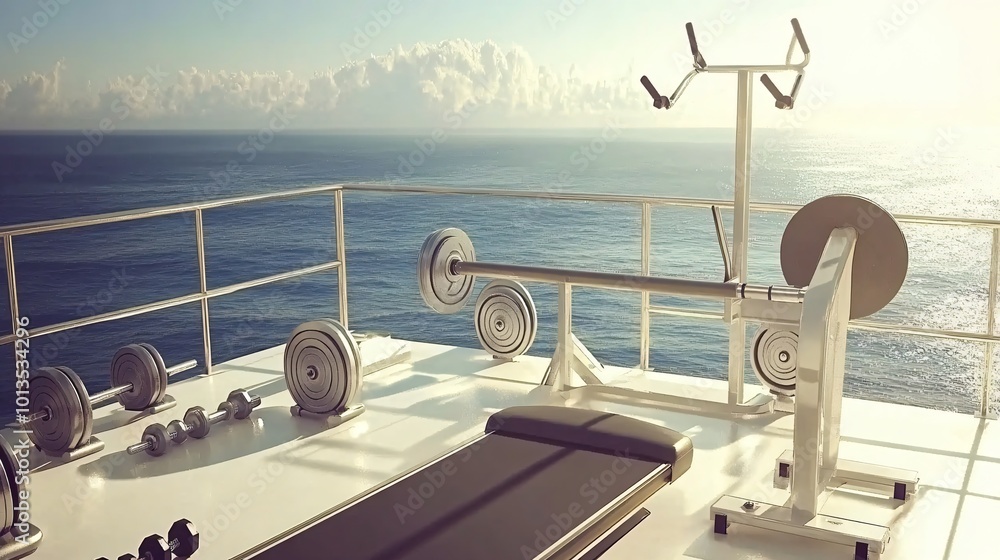 Fototapeta premium Ocean View Gym Equipment on Yacht Deck