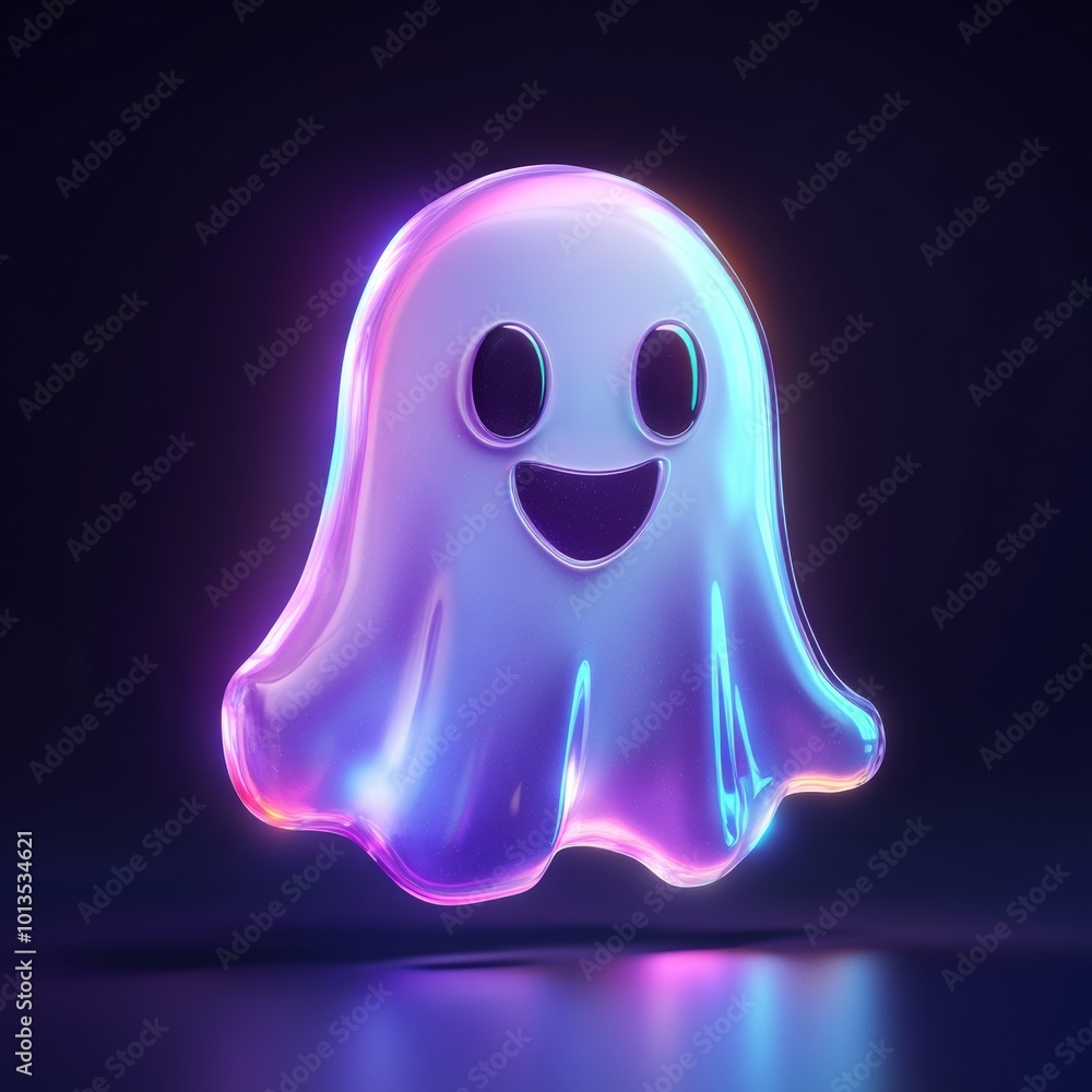 An artistic 3D display of a Halloween-themed ghost icon, featuring playful expressions and a glossy finish, isolated on a dark background An artistic 3D display of a Halloween-themed ghost icon, featuring playful expressions and a glossy finish, isolated on a dark background
