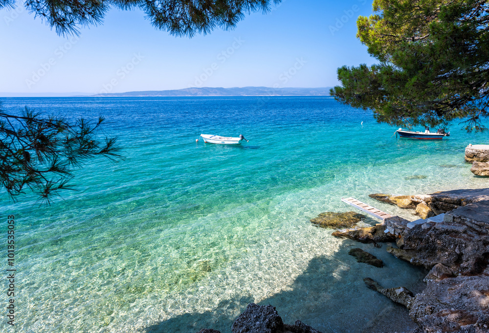 paradise beach with crystal clear water in Brela on Makarska riviera in Dalmatia region in Croatia