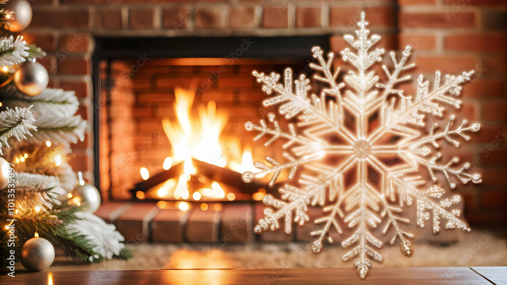 Obraz premium Flat Holographic Snowflake by a Glowing Fireplace: Cozy Winter Atmosphere with Ample Copy Space for Marketing Text - Eye-Catching Vector Illustration