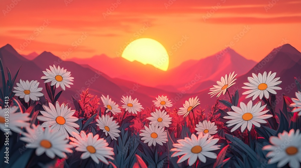 Daisies blooming in a field during sunset Daisies blooming in a sunset field Daisies blooming in a field during sunset Daisies blooming in a sunset field