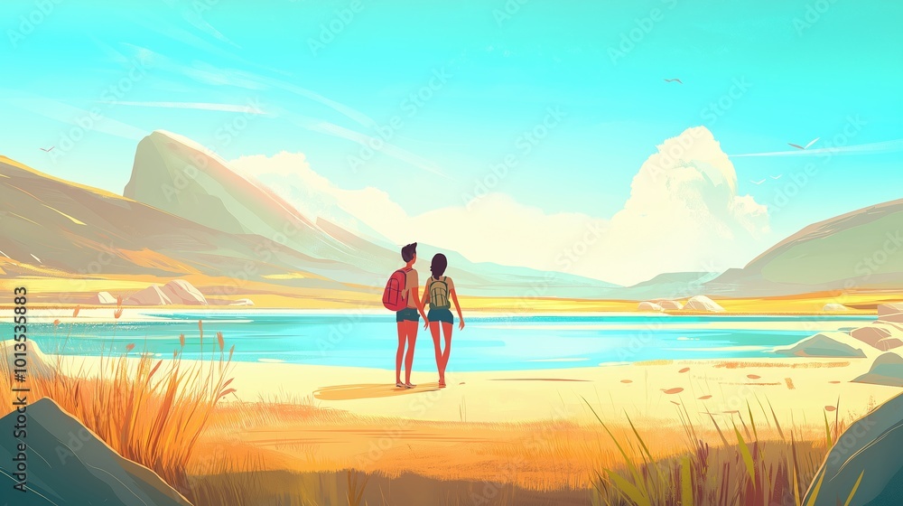 A couple stands by a serene lake, enjoying the breathtaking mountain view A couple stands by a serene lake, enjoying the breathtaking mountain view