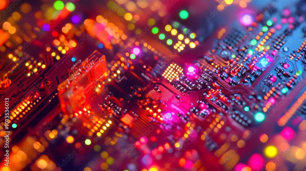 Abstract Close-Up of a Circuit Board with Colorful Lights Abstract Close-Up of a Circuit Board with Colorful Lights