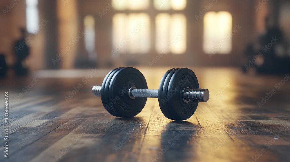 Black Dumbbells on a Wooden Floor in a Gym Black Dumbbells on a Wooden Floor in a Gym