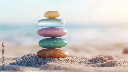 stack of stones in many pastel colors lined up on the sand at the beach.