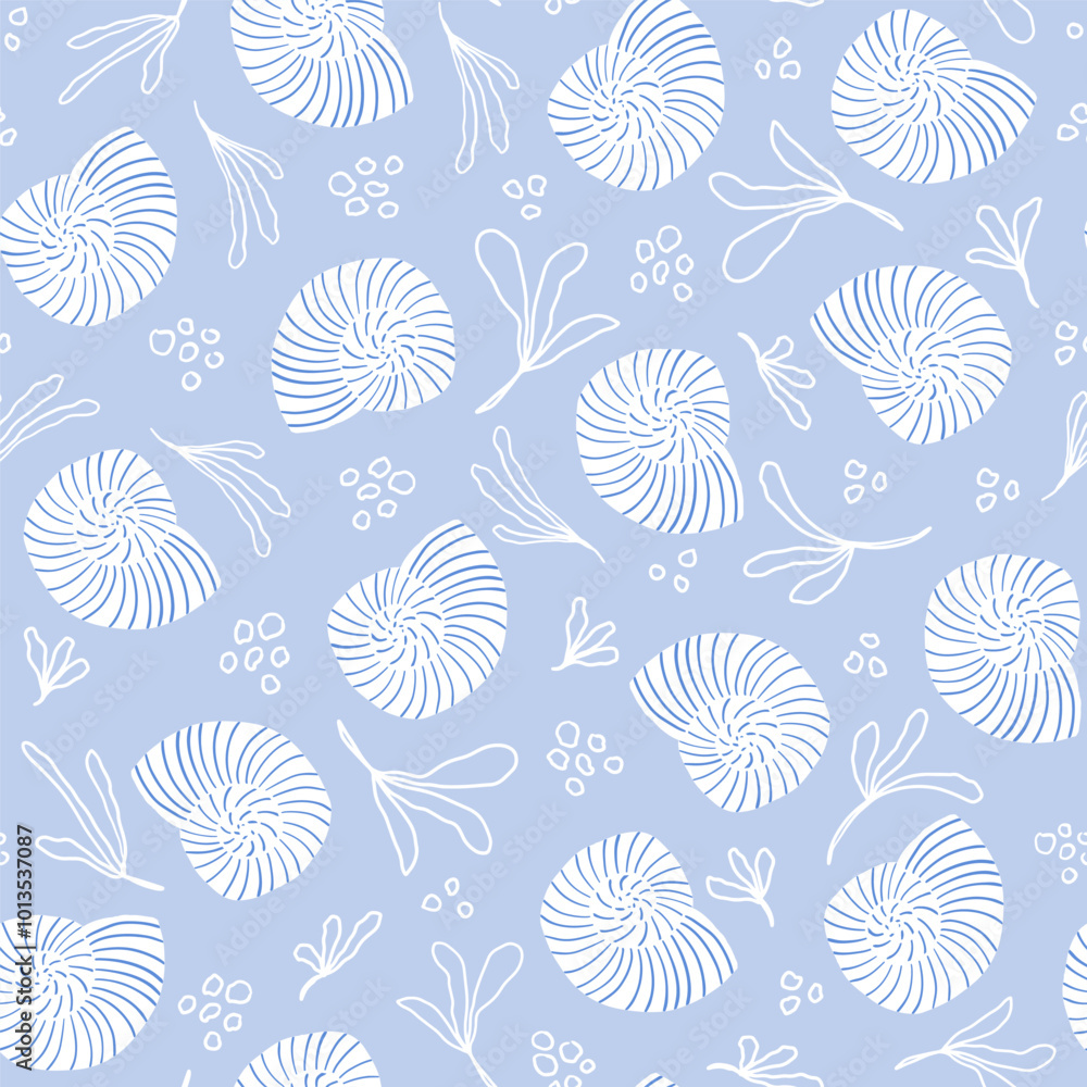 Sea shells pattern in blue and white colors. Summer, beach, coastal vibes repeat pattern. Sea life background. Ocean fashion monochrome. Sea shells pattern in blue and white colors. Summer, beach, coastal vibes repeat pattern. Sea life background. Ocean fashion monochrome.