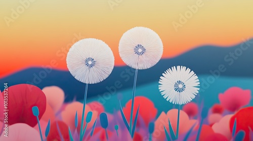 Close up view of a pair of Araxacum Officinalis against a blurred field of poppies Close up view of a pair of Araxacum plants against a blurred field of poppies photo