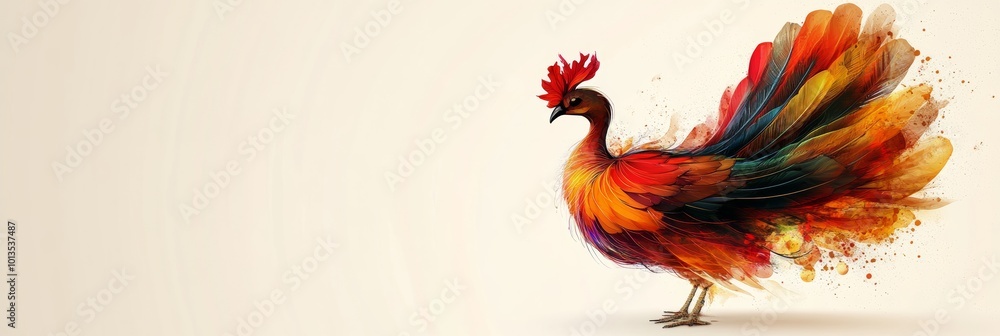 Fototapeta premium A stylized 3D Thanksgiving turkey silhouette, showcasing a blend of warm autumn colors, ideal for festive invitations, set against a subtle beige backdrop