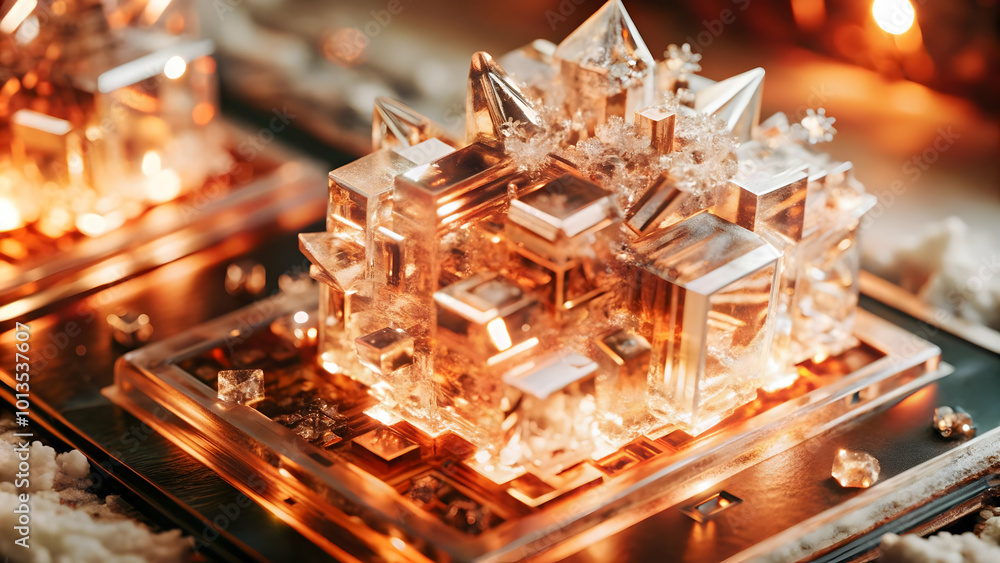 Stunning Macro Shot of Glowing Ice Crystals on Metallic Surface: Futuristic Neon Aesthetics with Intricate Structures Stunning Macro Shot of Glowing Ice Crystals on Metallic Surface: Futuristic Neon Aesthetics with Intricate Structures