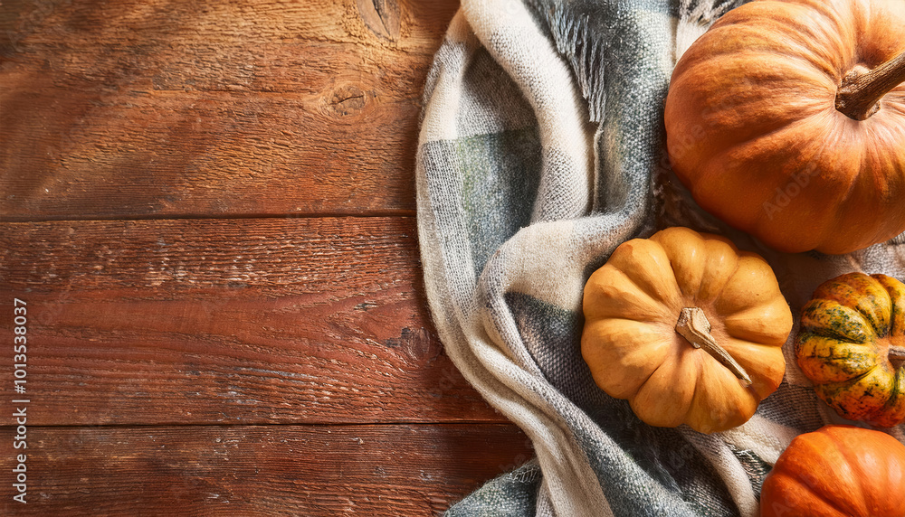Autumn various pumpkins on a wooden table with cozy blanket. Autumn various pumpkins on a wooden table with cozy blanket.