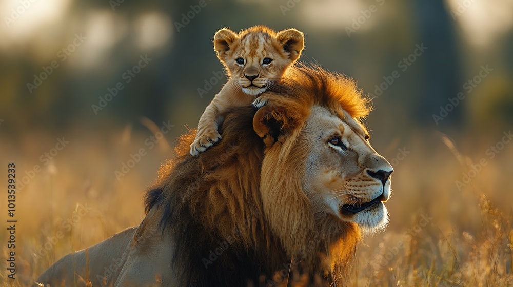 Fototapeta premium A lion cub rides on its father's back in the African savanna.