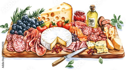 A festive charcuterie board with assorted cheeses, watercolor on white. isolated on white background ready to bring joy to any space , cartoon drawing, water color style photo