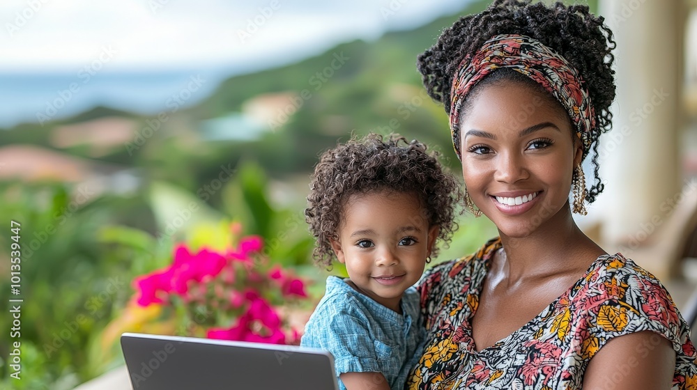 A smiling woman holds a child while working on a laptop outdoors with a scenic background. A smiling woman holds a child while working on a laptop outdoors with a scenic background.