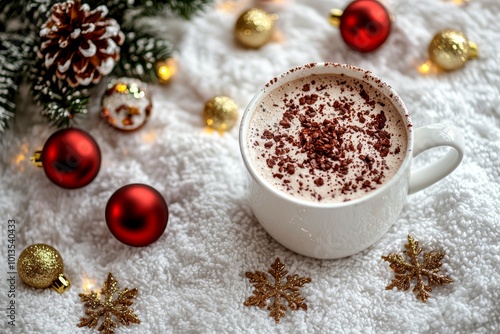 A cozy holiday scene featuring a spiced drink with festive decorations.