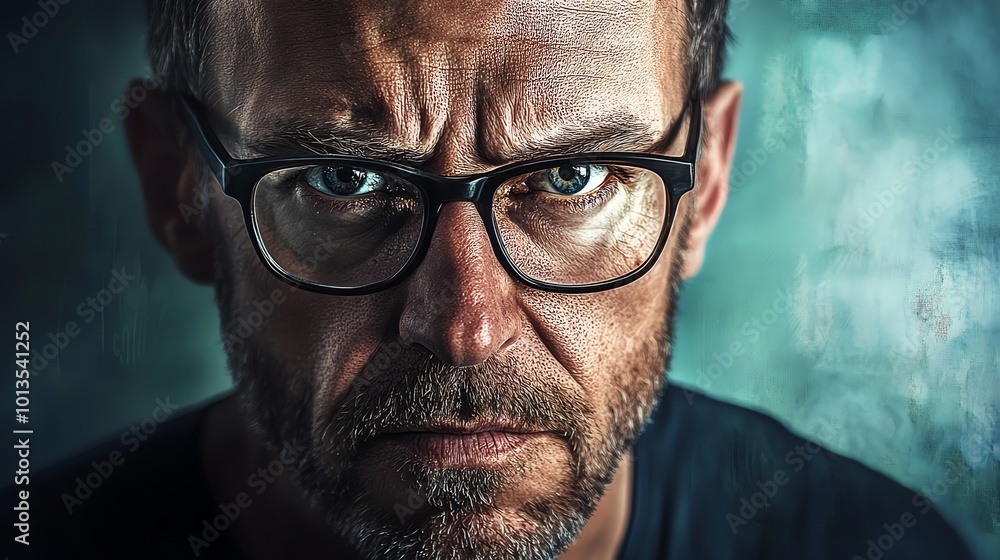 Close-up of a man's face wearing glasses and looking intensely at the camera. Close-up of a man's face wearing glasses and looking intensely at the camera.