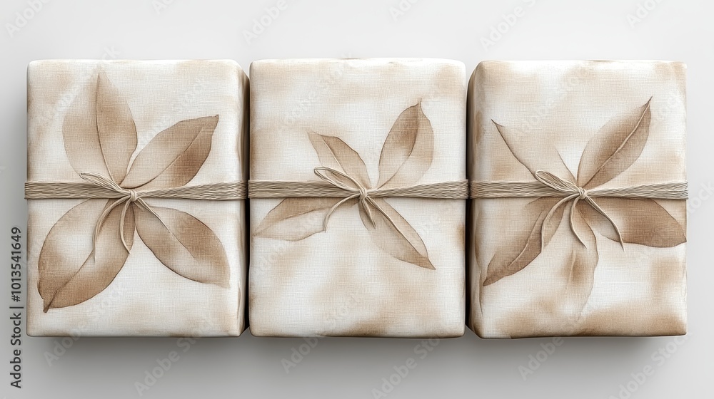 Three Gift Boxes with Brown Leaves Pattern and Twine Ribbon Three Gift Boxes with Brown Leaves Pattern and Twine Ribbon