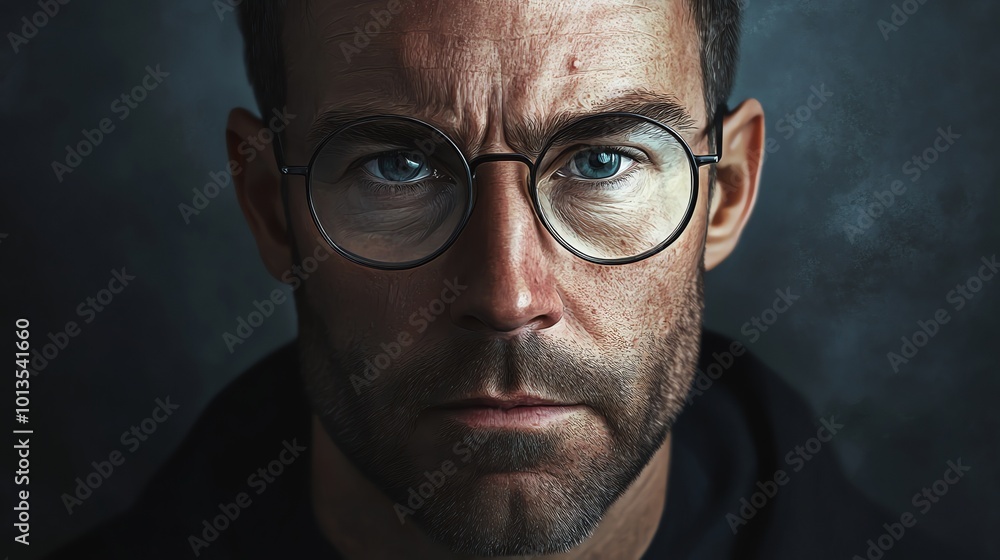 Close-up portrait of a man with glasses staring intently at the camera. Close-up portrait of a man with glasses staring intently at the camera.