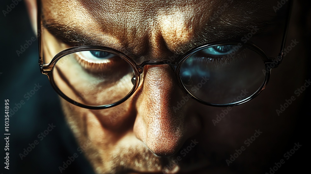 A close-up portrait of a man wearing round glasses, looking directly at the camera with a serious expression. A close-up portrait of a man wearing round glasses, looking directly at the camera with a serious expression.