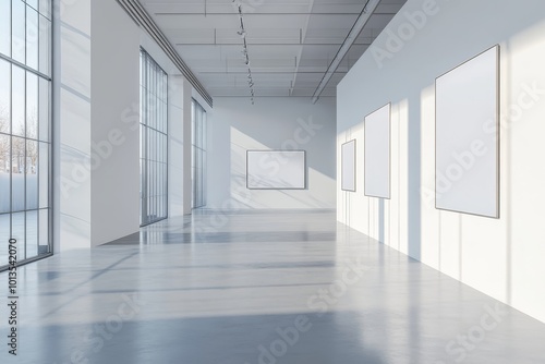 White art gallery interior with mock up posters, Generative AI