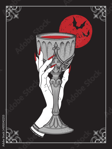 Gothic goblet with blood in vampire hand and full moon with bats line art and dot work hand drawn vector illustration