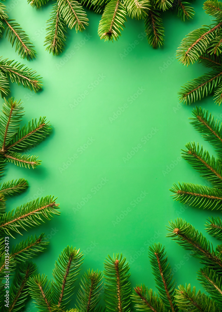 green flat background and small fir branches in the corners top view green flat background and small fir branches in the corners top view