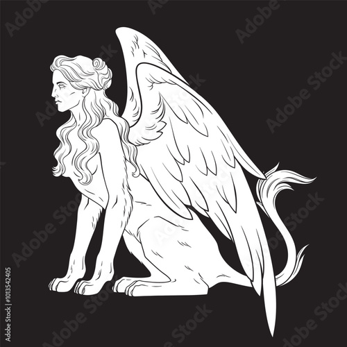 Ancient Egyptian mythological creature sphinx in gothic style hand drawn black and white vector illustration