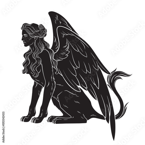 Ancient Egyptian mythological creature sphinx in gothic style hand drawn black and white vector illustration