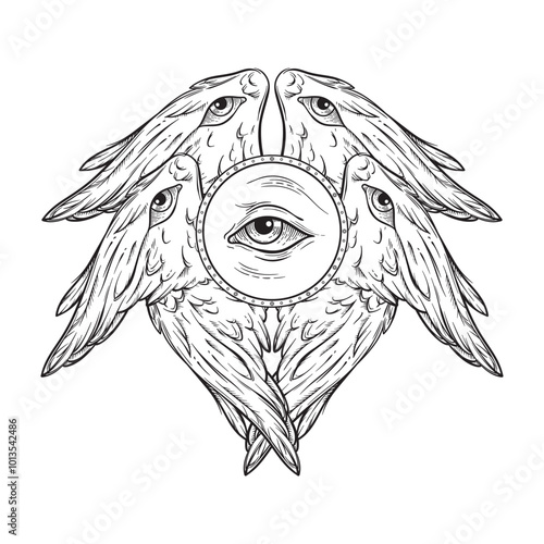 Biblical six winged angel Seraphim with eyes isolated. Hand drawn design vector illustration