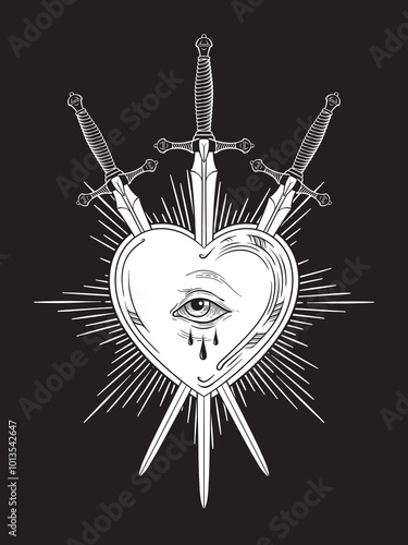 Line art heart with eye pierced with three swords hand drawn black and white art. Flash tattoo or print design vector illustration