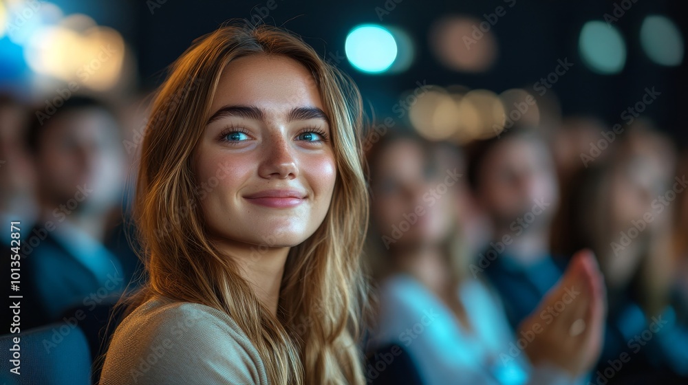 Young Woman Sitting in a Crowded Audience at a Business Conference. Female Attendee Cheering and Clapping After a Motivational Keynote Speech. Auditorium with Young Successful Young Woman Sitting in a Crowded Audience at a Business Conference. Female Attendee Cheering and Clapping After a Motivational Keynote Speech. Auditorium with Young Successful