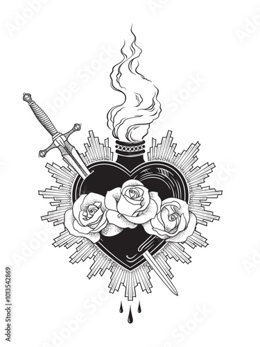 Holy heart of Mary with roses and sword hand drawn line art and dotwork. Flash tattoo or print design vector illustration