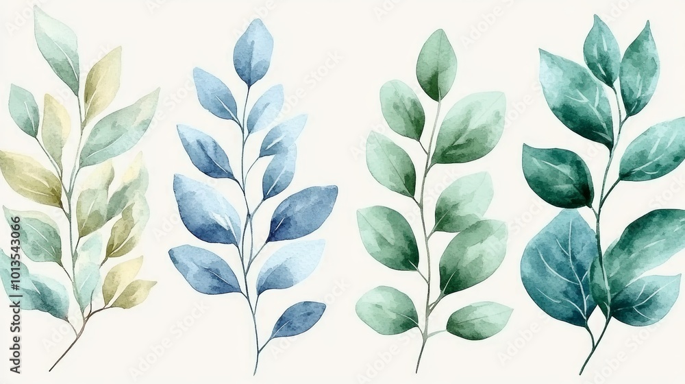Watercolor Green and Blue Leaves Branch Illustration Watercolor Green and Blue Leaves Branch Illustration