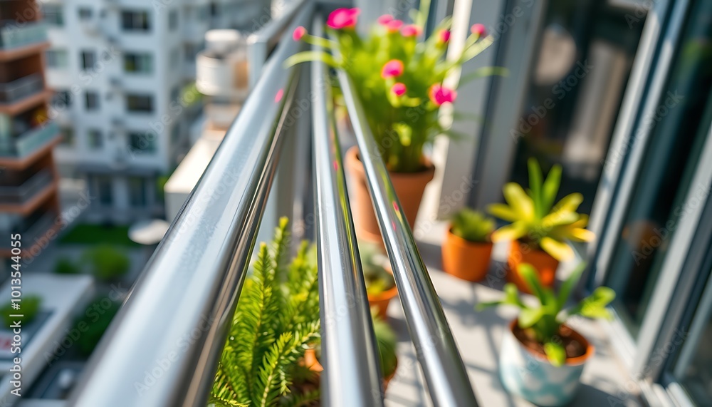 A macro shot of the sleek, metal railing and potted plants on a modern urban apartment balcony. A macro shot of the sleek, metal railing and potted plants on a modern urban apartment balcony.