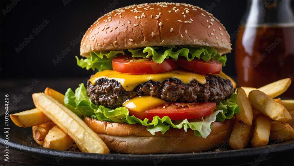 Beef burger with melted cheese, lettuce, and tomato, placed on a sesame seed bun with fries on the side. Beef burger with melted cheese, lettuce, and tomato, placed on a sesame seed bun with fries on the side.