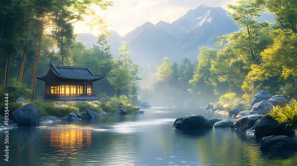 Fototapeta premium A serene 3D illustration of a Feng Shui-inspired land