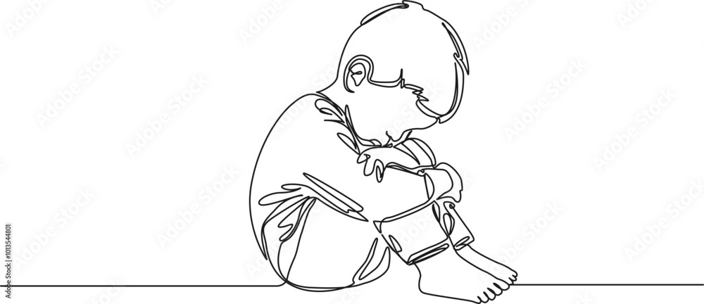 continuous single line drawing of sad toddler boy sitting on floor, line art vector illustration