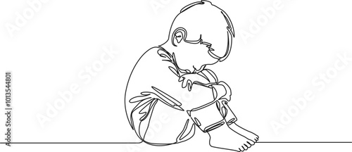continuous single line drawing of sad toddler boy sitting on floor, line art vector illustration
