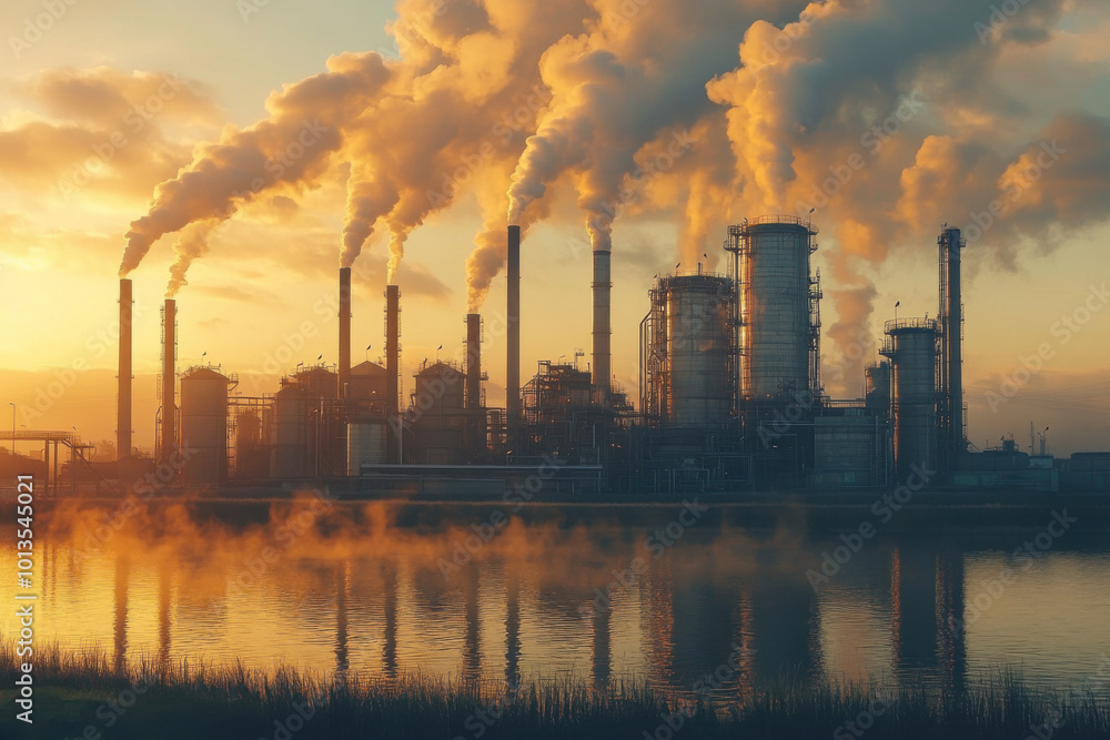 Industrial plant emitting smoke against a golden sunset, highlighting the impact of industry on the environment and the beauty of contrasting elements Industrial plant emitting smoke against a golden sunset, highlighting the impact of industry on the environment and the beauty of contrasting elements