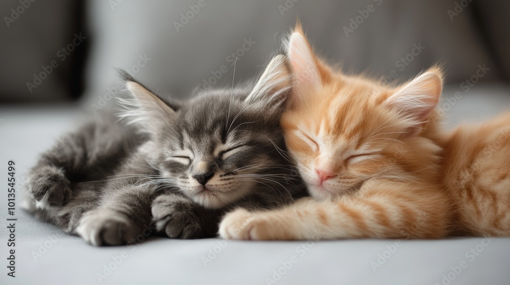 Two adorable kittens, one gray and one orange, peacefully sleeping side by side. Two adorable kittens, one gray and one orange, peacefully sleeping side by side.