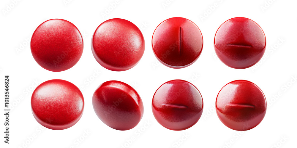 Collection of red round pills or tablets in various angles, isolated on a black background. Ideal for medical and pharmaceutical themes. Collection of red round pills or tablets in various angles, isolated on a black background. Ideal for medical and pharmaceutical themes.
