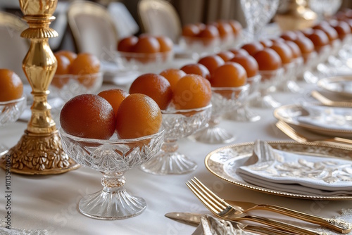 Crystal bowls filled with gulab jamun arranged elegantly on a long dining table for a grand celebration, concept for Indian weddings or festive feasts like Diwali and Holi photo