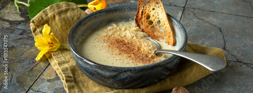 bowl of creamy celery root soup with nutmeg, parmesan cheese and croutons on table

