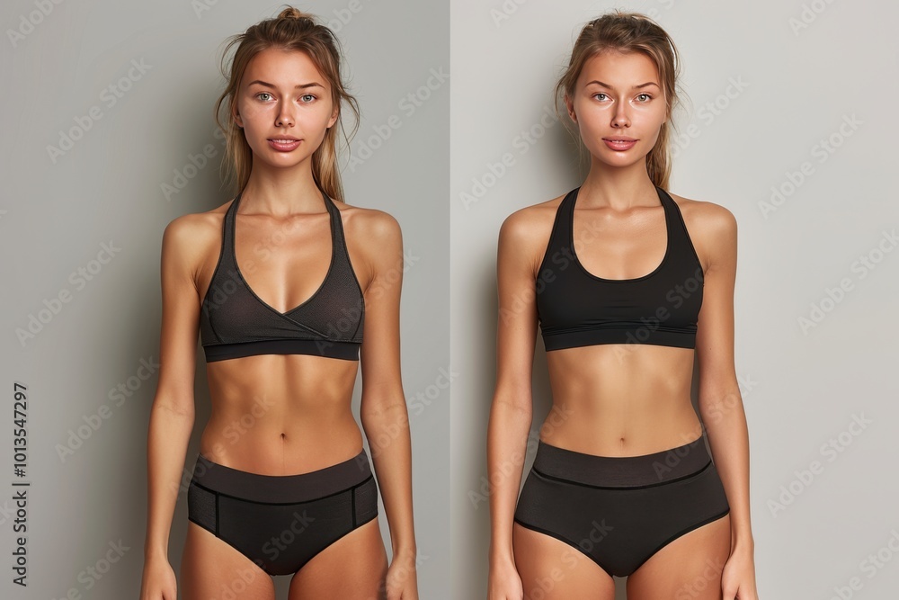 Fitness model showcasing active wear in a neutral setting Fitness model showcasing active wear in a neutral setting