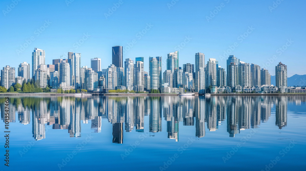 Urban Skyline Panorama with Reflective Water and Clear Blue Sky - Modern Metropolis Charm Urban Skyline Panorama with Reflective Water and Clear Blue Sky - Modern Metropolis Charm