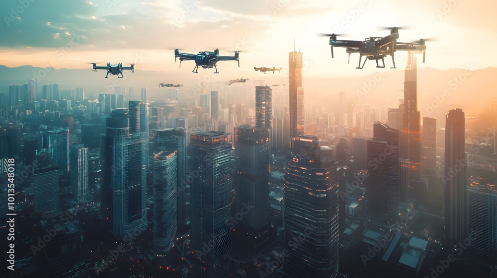 Drones flying over a dense cityscape during sunset Drones flying over a dense cityscape during sunset