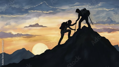 Two climbers silhouetted against a sunset, showcasing teamwork and determination